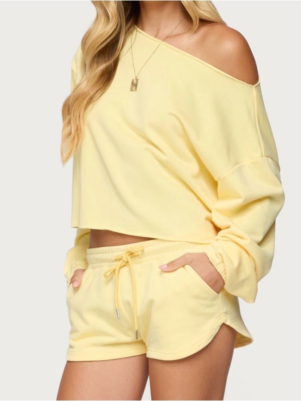 Edikted yellow Off-Shoulder Crop Sweatshirt and Drawstring Shorts Set